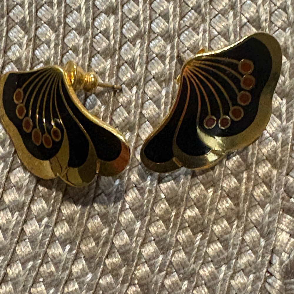 Vintage Le Fleur Laurel Burch Black and Gold Earrings